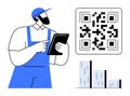 Worker Scanning QR Code with Tablet Next to Bar Chart for Digital Data Management Royalty Free Stock Photo