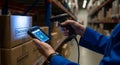 Worker scans electronics boxes in warehouse using barcode scanner and mobile application Royalty Free Stock Photo