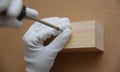 A worker screws a screw into a wooden block with a screwdriver. Royalty Free Stock Photo