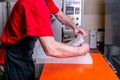 A worker seals the mold for pouring plastic. Manufacturing of plastic products. Medium business concept. Hands close-up