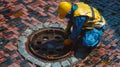 A worker servicing the manhole.. AI generated Royalty Free Stock Photo
