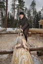 Worker shaving bark the logs using debarking spade.