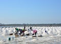 Worker shoveling salt at salt pan at Thailand.