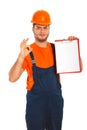 Worker showing blank clipboard Royalty Free Stock Photo