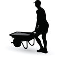 Worker silhouette carries a wheelbarrow