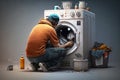 Worker Sits With His Back Turned Repairing Washing Machine. Generative AI