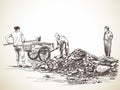 Sketch of people working with coal, Hand drawn