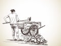 Sketch of woman working with shovel carries stones into wheelbarrow, Hand drawn