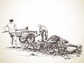 Sketch of women working with shovel carries stones into wheelbarrow, Hand drawn