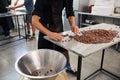 Worker sorting cocoa beans on a factory table