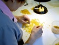 Worker sorts amber blanks in workshop