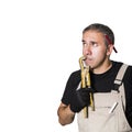 Worker specialist plumber, engineer or constructor with wrench