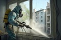 Worker Spraying Pesticide On A Window Corner