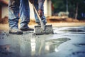 Worker spreading concrete on the ground with trowel and shovel, Construction worker use screed concrete epoxy for level mixture of