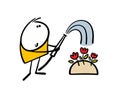 Worker in spring garden holds hose and waters the flowers. Illustration of funny stickman gardener caring for red rose