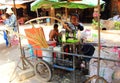 Worker is squeezing sugarcane juice Royalty Free Stock Photo