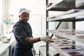 Worker stacking chocolate bar bolds on a factory shelf