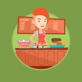 Worker standing behind the counter at the bakery. Royalty Free Stock Photo
