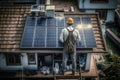 A Worker Stands With His Back To Repair A Solar Panel. Generative AI Royalty Free Stock Photo