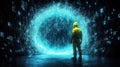 Worker stares into a glowing portal Royalty Free Stock Photo