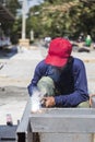 Worker steel welding with unsafety position Royalty Free Stock Photo