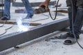 Worker steel welding with unsafety position Royalty Free Stock Photo