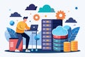 A worker is strategically setting up cloud services alongside data storage units in a tech workspace, worker installing cloud Royalty Free Stock Photo