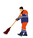 Worker sweeping with besom vector illustration isolated on white background.