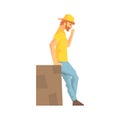 Worker Taking A Break Leaning Against Large Box, Delivery Company Employee Delivering Shipments Illustration