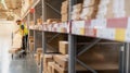 The worker taking package from the shelf put on a push cart at the large warehouse