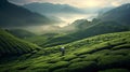 Worker on a Tea Plantation at Sunrise with Misty Mountains Royalty Free Stock Photo