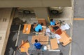 Worker team assembling knock-down furnitures, high angle view