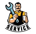 Engineer with wrench. Worker technician mechanic builder logo. Workshop, service emblem. Vector illustration