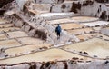 Worker at thef Salinas de Maras is located along the slopes of Qaqawinay mountain, Royalty Free Stock Photo