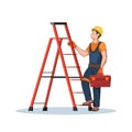 Worker with toolbox use a ladder. Builder with uniform and helmet. Engineer on stepladder. Isolated industrial scene