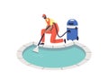 Worker in uniform cleaning water in pool with vacuum cleaner. Pool maintenance or cleaning service Royalty Free Stock Photo