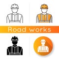 Worker in uniform icon. Construction builder in hardhat. Safety helmet on male repairman. Professional foreman and