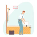 Worker in uniform installs the sink. Man making house or home apartment interior renovation. Cartoon flat man builder character.