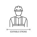 Worker in uniform pixel perfect linear icon. Construction builder in hardhat. Safety helmet. Thin line customizable