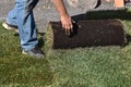 Unrolling a sod roll and positioning it into place with the hands