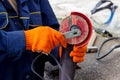 Worker uses angle drive grinder for work. How in angle drive grinder replace a working disk