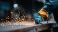 Worker uses industrial grinder, creating bright sparks in workshop. scene is dynamic and focused on craftsmanship Royalty Free Stock Photo