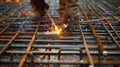 A worker using a blow torch to weld different sections of the rebar framework together
