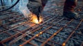 A worker using a blow torch to weld different sections of the rebar framework together