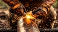 Worker using blowtorch on pipeline creating sparks in industrial setting Royalty Free Stock Photo