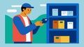 A worker using a handheld device to scan and update the et inventory quickly and accurately updating records and Royalty Free Stock Photo