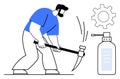 Worker using pickaxe for task with gear and liquid container emphasizing manual labor and productivity Royalty Free Stock Photo