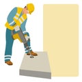 Worker using pneumatic hammer drill vector illustration flat