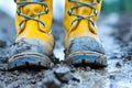 Worker walking through mud with yellow boots covered in dirt Royalty Free Stock Photo