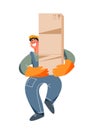 Worker of warehouse holding parcels, man in loader uniform carrying stack of boxes Royalty Free Stock Photo